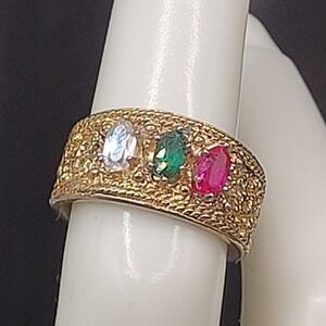 Native American Brass Ladies Ring Pink Green And Clear Marked GWR Size 6